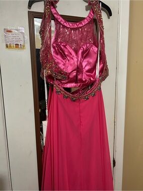 Angela & Alison Hot Pink Beaded Two-Piece Formal Dress